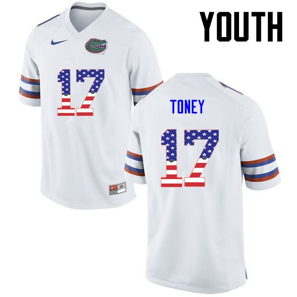 Youth NCAA Florida Gators Kadarius Toney #17 Stitched Authentic USA Flag Fashion Nike White College Football Jersey QBI2565QG